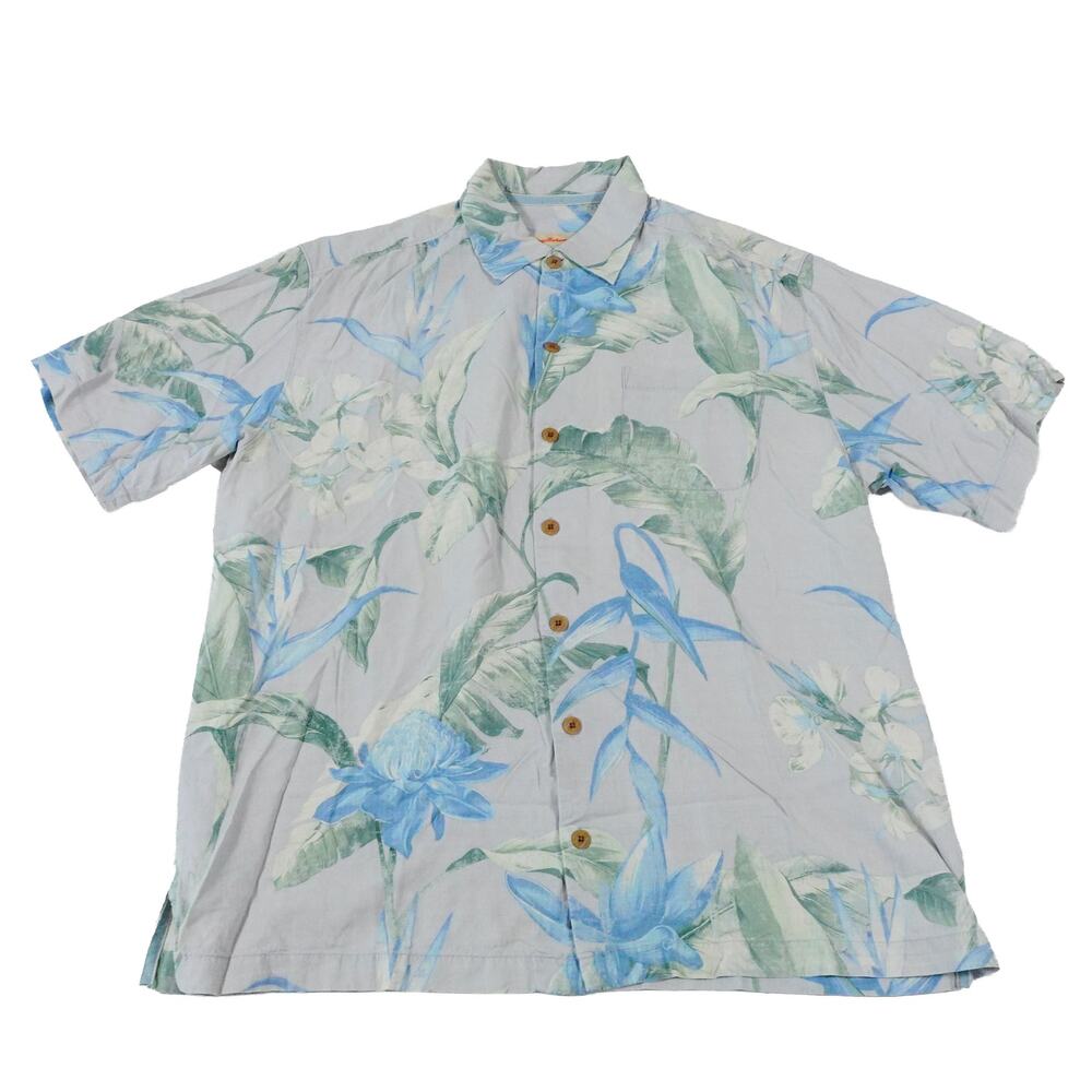 Tommy Bahama Floral Leaf Silk Hawaiian Tropical Button Up Camp Shirt Large